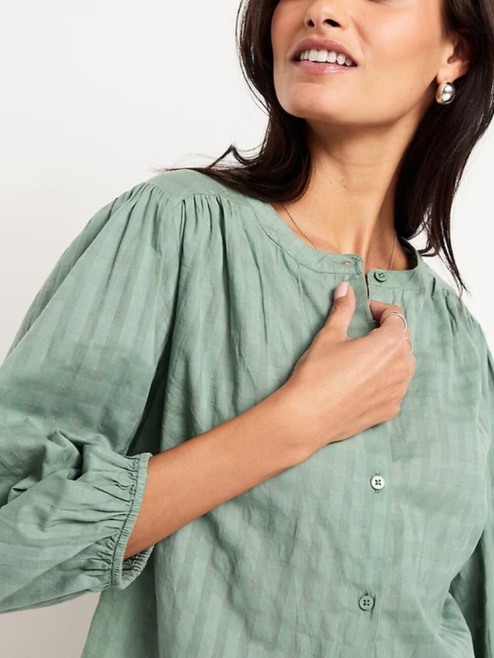 Old Navy Green Textured Check Balloon-Sleeve Blouse Small